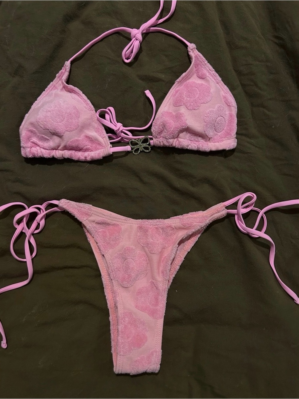 SHEIN Pink Floral Textured Tie-Side Bikini Set